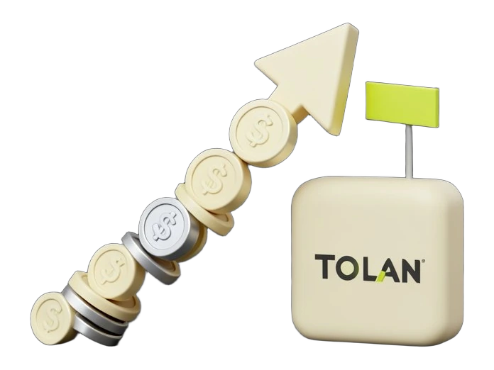 A solid upward-trending arrow made of stacked coin-like discs stamped with simple dollar shapes rising steeply past a small solid flag marker, with a friendly rounded solid charact