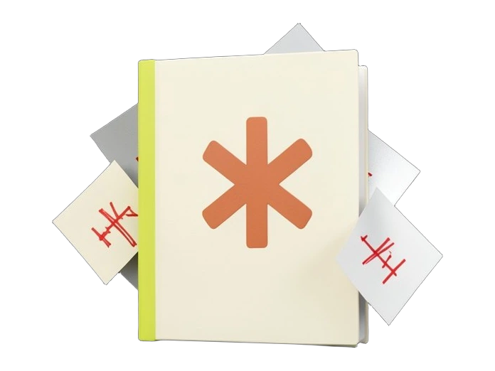 A thick solid rulebook document card with the terracotta-orange Anthropic asterisk starburst mark on its cover, several separate loose paper cards with red markings merging and fol