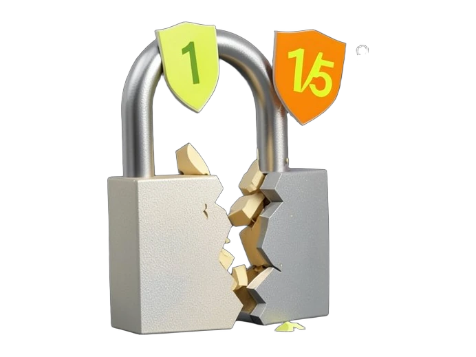 A heavy padlock split down the middle into two solid halves, one half crumbling into angular fragments, with two bold percent shields floating above labeled 1 and 15, and a small s