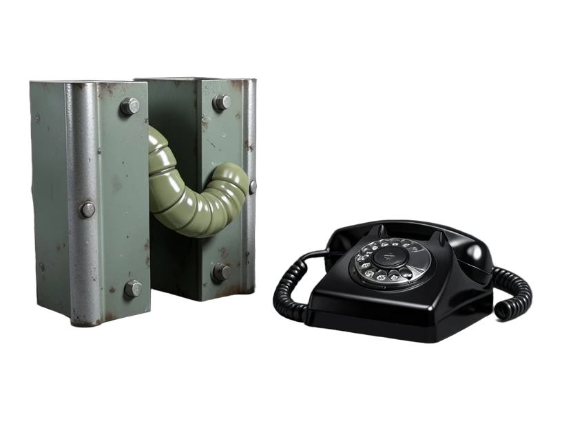 A segmented solid worm threading through a narrow opening between two thick metal plates, with a telephone handset lying flat and untouched beside them.