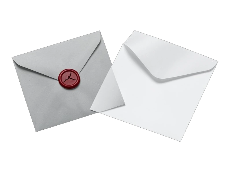 A sealed envelope with a cracked wax seal lying beside an opened envelope; two plain sheets of paper slide partly apart between them.