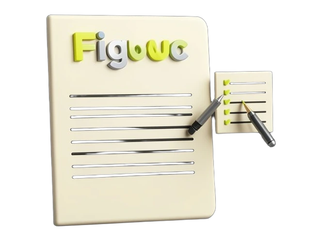 A solid open Markdown document sheet with the Figma wordmark-style letterform at the top, listing brand rule lines, with a small solid rule-checklist block attached at its edge tha