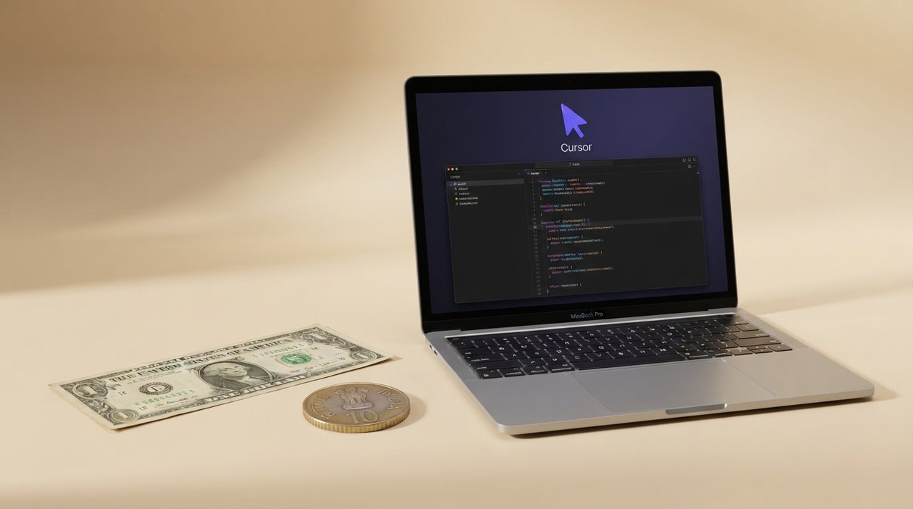 En indisk rupee-mønt og en amerikansk dollarseddel på et skrivebord ved siden af en bærbar computer med Cursor-loget skærmbillede.