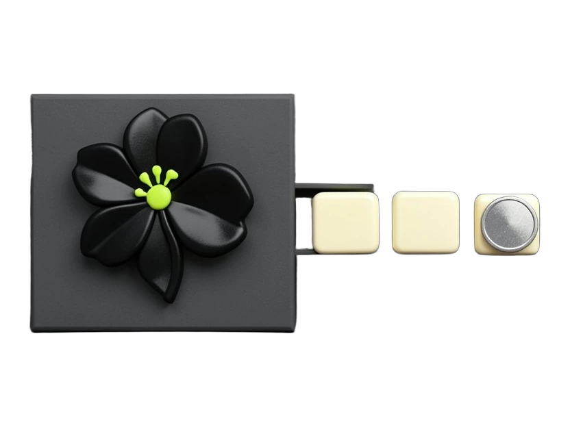 The intact black OpenAI Blossom symbol sits front-facing on a solid opaque block, filling about a quarter of its width, while three small identical solid tiles travel along a short
