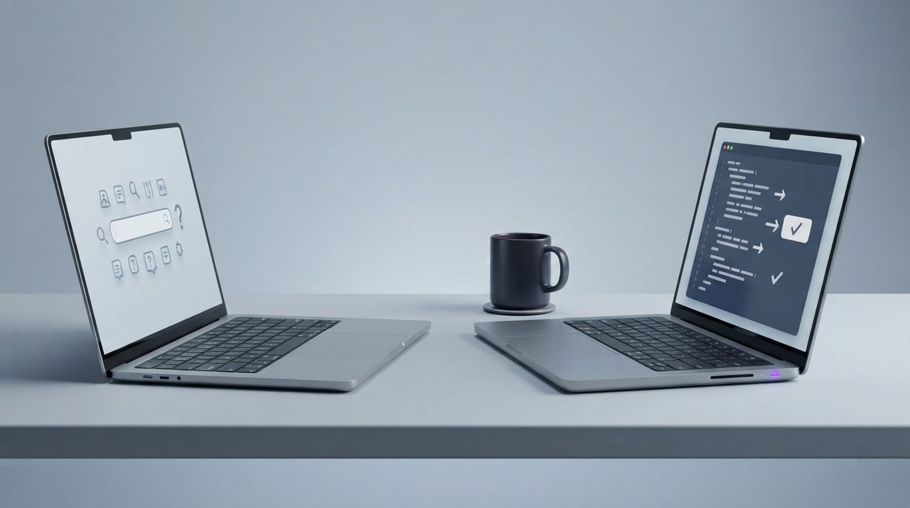 To åbne laptops står ansigt til ansigt på et bord, skærmene viser spørgsmål og svar, mens en kaffekop står mellem dem.