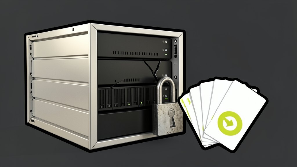 A solid server rack with one cracked-open slot exposing a row of server units, a large open padlock hanging on its front, and a fan of blank password-reset cards with circular arro