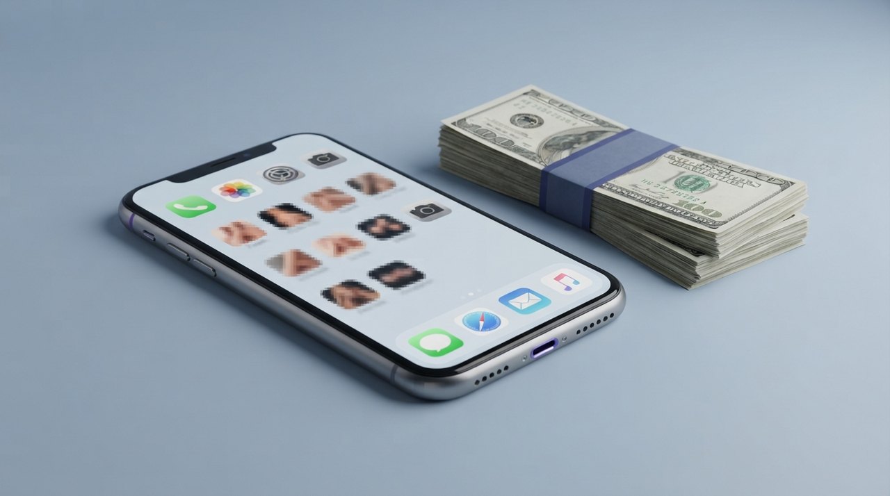 En iPhone-skærm med 13 app-ikoner, hvor de fleste har et sløret pornografisk motiv – ved siden af en bunke dollarsedler