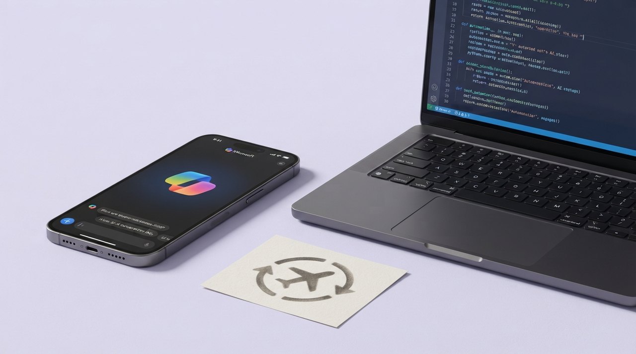 En smartphone med Microsofts blå Copilot-ikon på skærmen, ved siden af en computer, der viser kode. En papirklip med autopilot-symbol ligger på bordet.