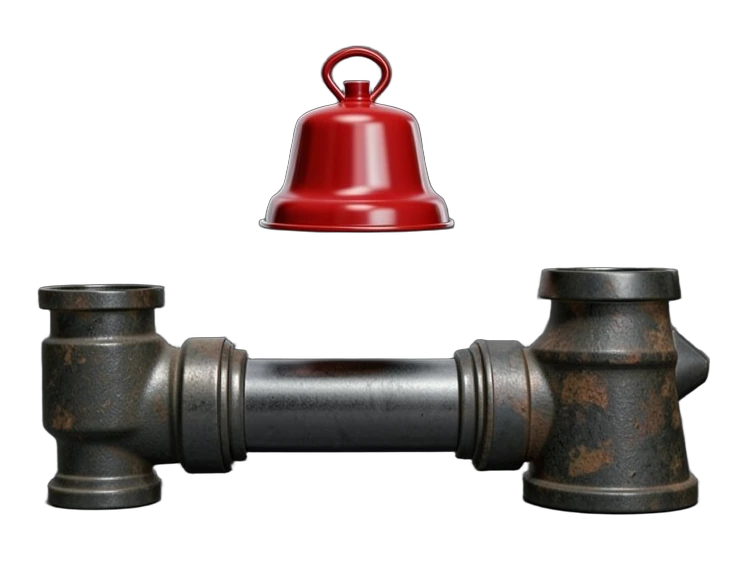 A fire hose coupling lies between two differently shaped hydrant outlets, fitting neither, while a red alarm bell stands above them.