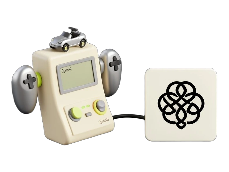 A solid handheld console with two detachable side controllers stands upright, a game cartridge inserted like a key; beside it, a square code tile stamped with OpenAI's black interw