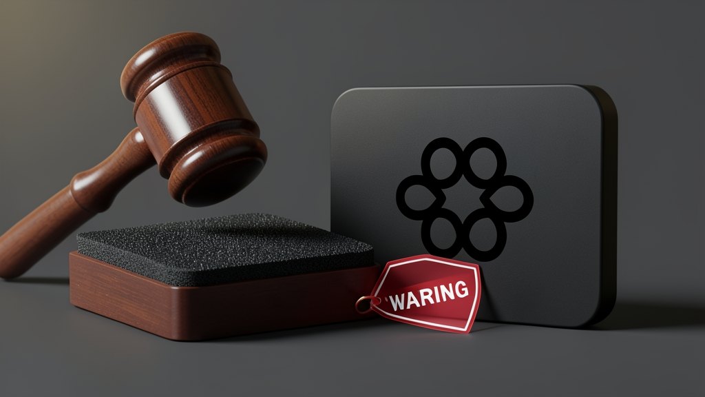 A solid legal gavel block striking a sound-dampening pad next to a solid ChatGPT panel bearing the black OpenAI Blossom six-loop symbol, with a shield-shaped warning tag overlappin