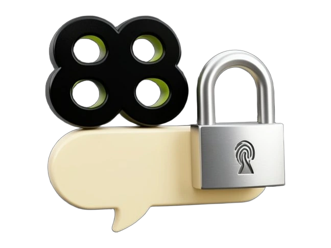 OpenAI's intact black six-loop Blossom symbol sits on a solid speech-bubble shape representing a chat, with a solid padlock clamped over it and a small fingerprint icon on the lock