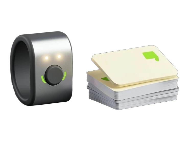 Two solid body-worn devices side by side: a wristband-shaped module and a credit-card-sized puck, both bearing the Amazon smile arrow mark, each with one button and a small lit ind