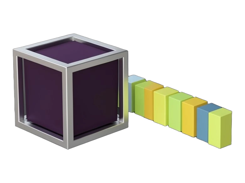 A solid cube sits inside a rigid open frame, while a queue of small identical blocks grows toward a thick vertical wall and presses flat against it. A wide empty lane runs alongsid