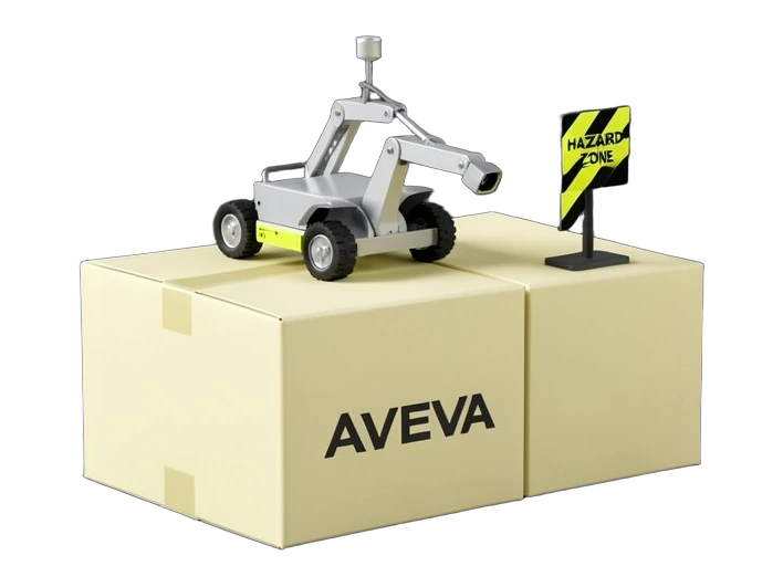 A solid industrial carton block with a compact AVEVA wordmark on its side, and a small wheeled inspection robot with a mounted sensor arm reaching toward a hazard-striped zone mark