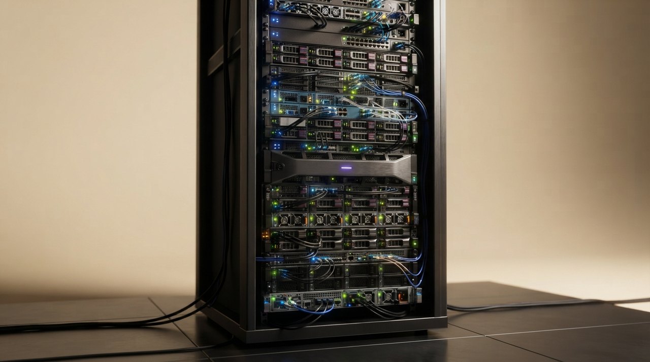 En avanceret serverrack fyldt med blinkende led-lys og metalkomponenter i et mørkt, kølet datacenter.