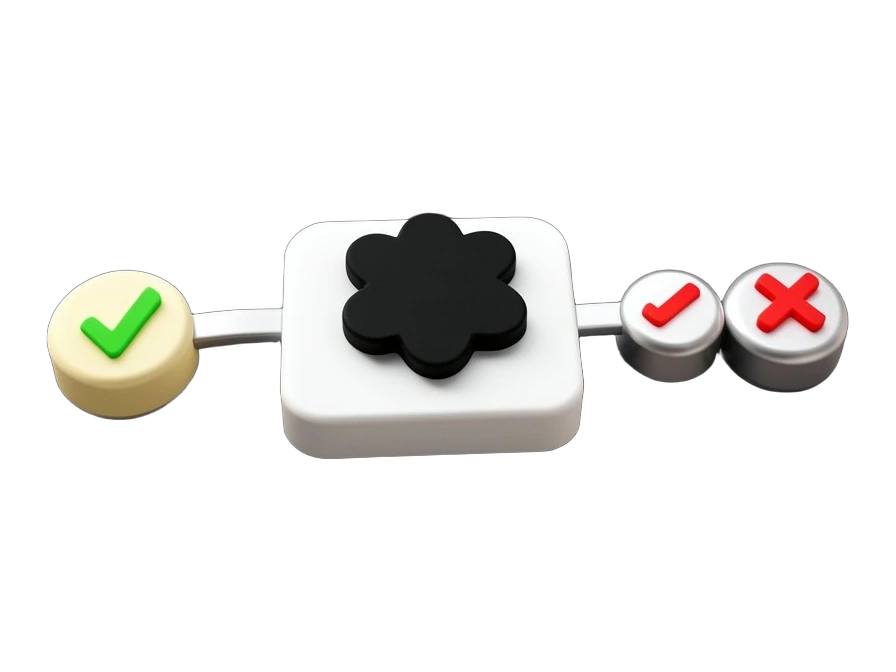 A solid black OpenAI Blossom symbol centered on an opaque white chip, connected to five identical rounded task tokens arranged in a row; three tokens carry a green checkmark and tw