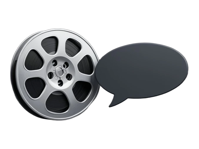 A film reel standing on edge beside two solid oval speech bubbles tilted at the same matching angle.