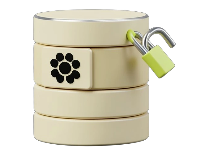 A solid three-disk database stack with a front-facing black OpenAI Blossom emblem on its opaque front panel; a broken padlock shape hangs loose at its edge while a blunt probe arro