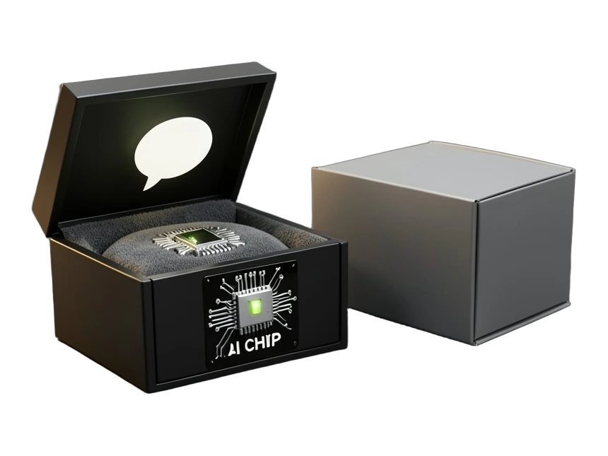 A solid product box with a hinged lid opens to reveal a simple chat bubble, while a detailed AI chip is mounted on the box's outer label; a second identical closed box beside it ha