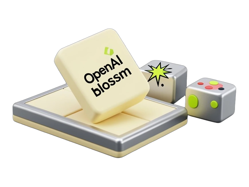 A solid game-token block marked with the OpenAI Blossom symbol in black sliding over to sit on top of a rival's game board tile, replacing its own tile, while a Claude starburst-ma