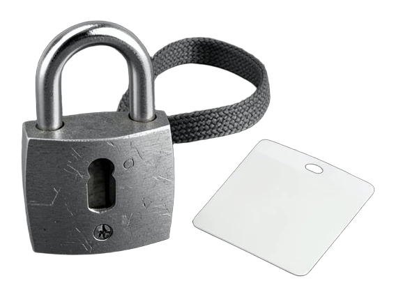A thick steel padlock with its shackle open, and a blank plastic access card on a short woven strap lying beside it.