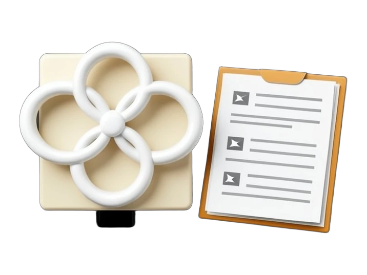 A solid OpenAI Blossom six-loop symbol in white mounted on a small rectangular conference-room door plate, with a tiny solid black rectangle representing a hidden recorder tucked b