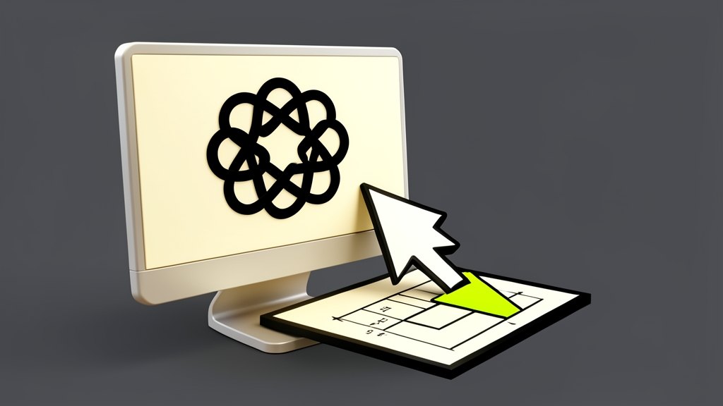 A large black interwoven six-loop OpenAI Blossom symbol on the front of a solid opaque computer monitor; a thick cursor arrow extends from the monitor and presses on a technical dr
