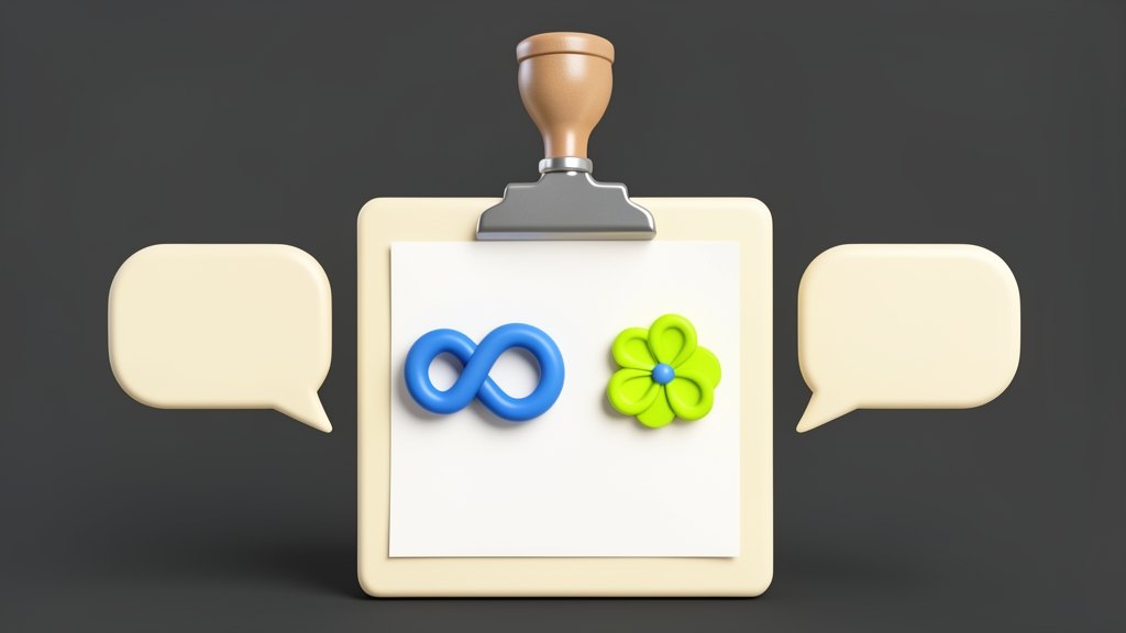 A solid clipboard with the blue Meta infinity-loop symbol and the OpenAI Blossom symbol pinned side by side holds a blank sheet representing the voluntary security pact, while a ru