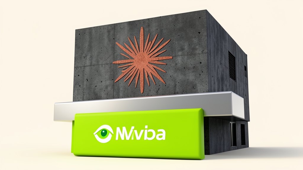 A solid datacenter building with the terracotta Anthropic starburst on its front, protected by a thick metal shield held by a large green Nvidia chip bearing Nvidia's green eye log