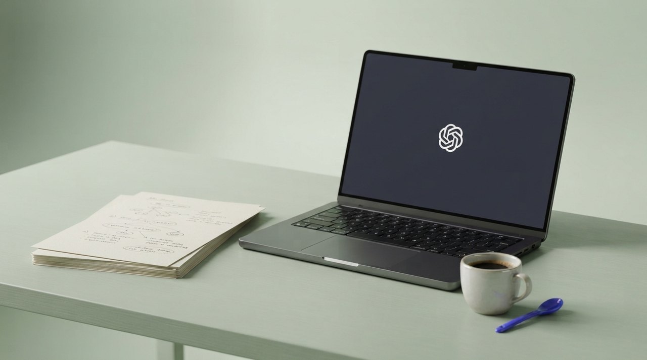 En åben laptop på et redaktionsbord med OpenAI's logo på skærmen, ved siden af en stak papirer og en kaffekop.