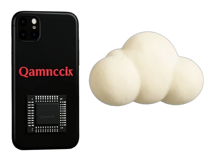 A solid black smartphone seen from the back with Qualcomm's red wordmark across it and a dense square chip block fused to its lower half, while a separate solid cloud shape sits ap