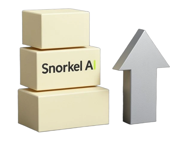 Three solid rectangular blocks stacked into a rising column, each block wider than the one below, with Snorkel AI's wordmark on the front of the middle block, and a thick solid upw