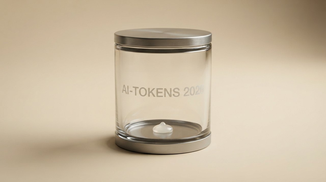 En tom, gennemsigtig plastikkop mærket 'AI tokens' på et militærskrivebord ved siden af en computer med en nedtællingsmåler der viser 0.