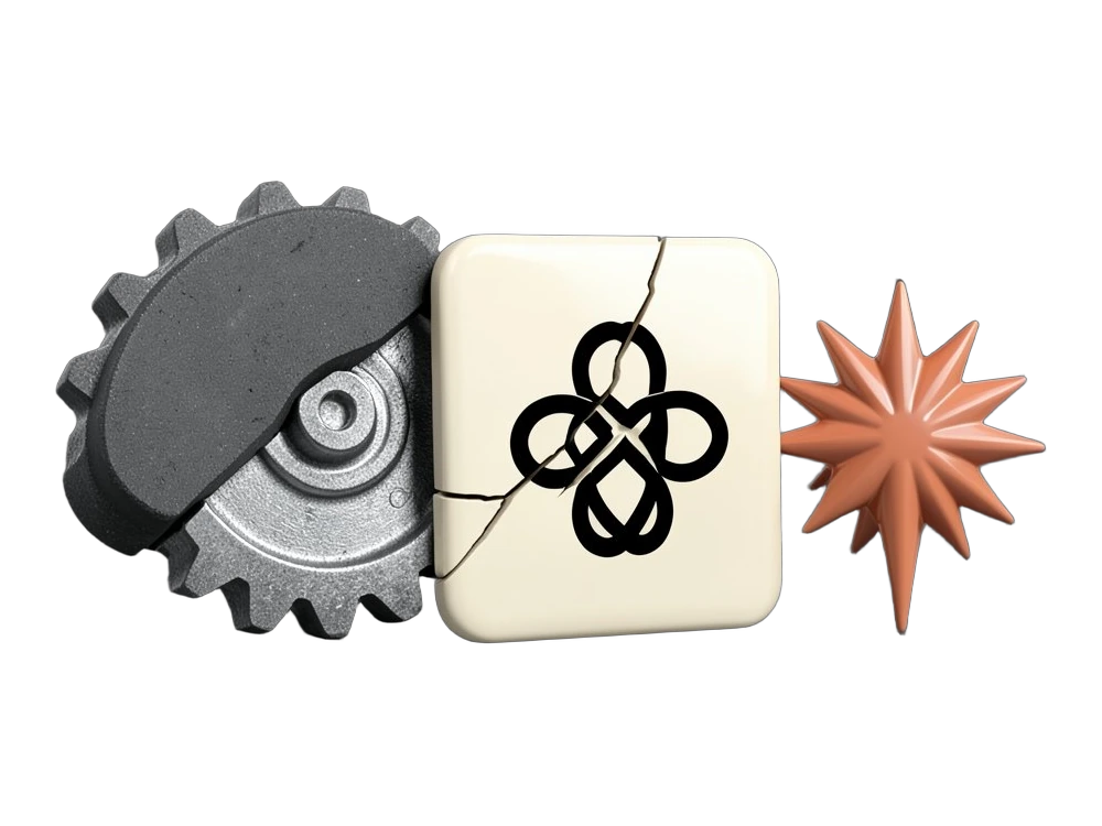 A chunky solid brake shoe clamps down on a large solid gear; beside it a solid server tile split by a jagged crack carries the intact black interwoven six-loop OpenAI blossom, and 