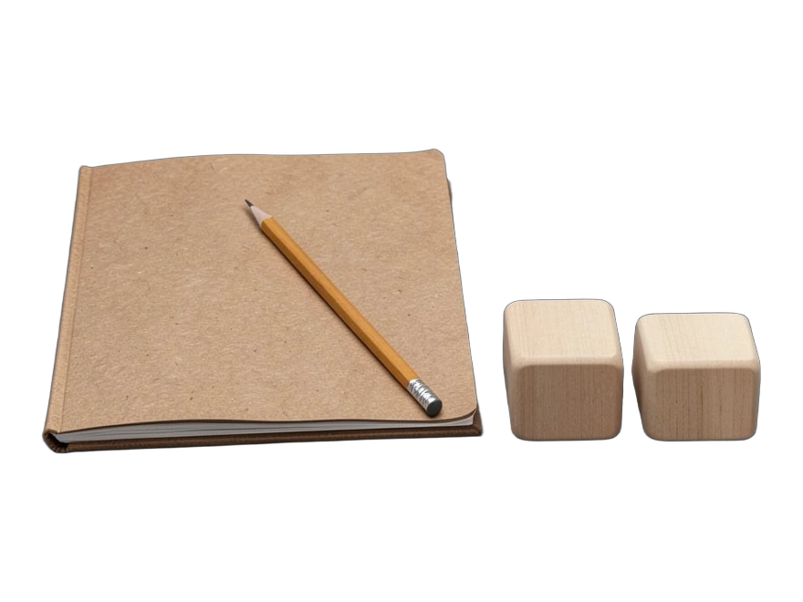An open book with a pencil resting in its spine, beside four plain wooden blocks arranged in descending height.