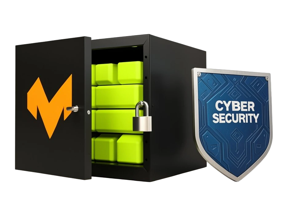 A large solid server rack bearing Mistral’s orange geometric M mark, its front door open to reveal stacked weight blocks that slide out; a heavy open padlock hangs from the rack, a