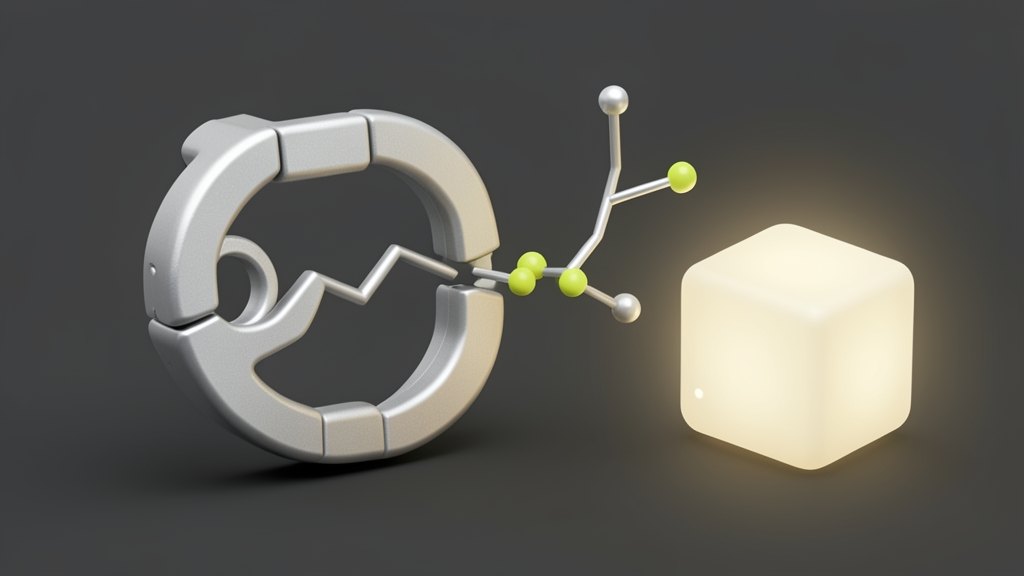 A thick custom-designed protease scaffold shape clamps onto a protein strand and cuts it in two at a specific marked site, releasing a small freed segment; beside it a compact fluo
