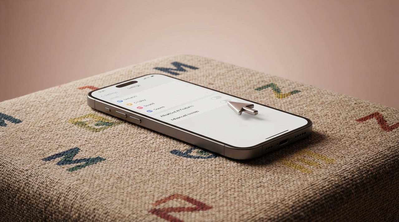 En smartphone liggende på et farverigt tæppe med bogstaverne M og Z, med en hånd, der peger på en indstillingsmenu, hvor AI-funktioner kan slås fra.