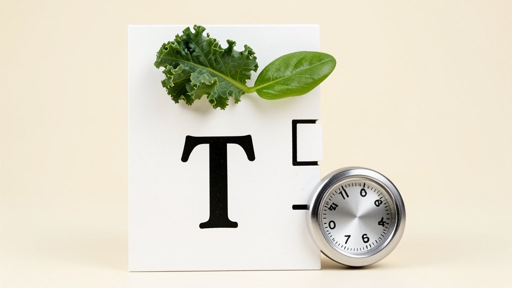 A thick, solid recipe card bearing the blackletter T of The New York Times, with a kale leaf and a spinach leaf swapping places above a stepped timeline; the spinach sits at a late
