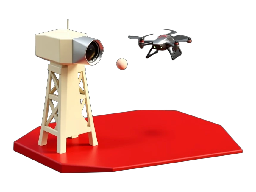 A tall sentinel sensor tower with a thick thermal lens angled at a solid red terrain patch, a compact quadcopter drone hovering above and releasing one small solid ball toward the 