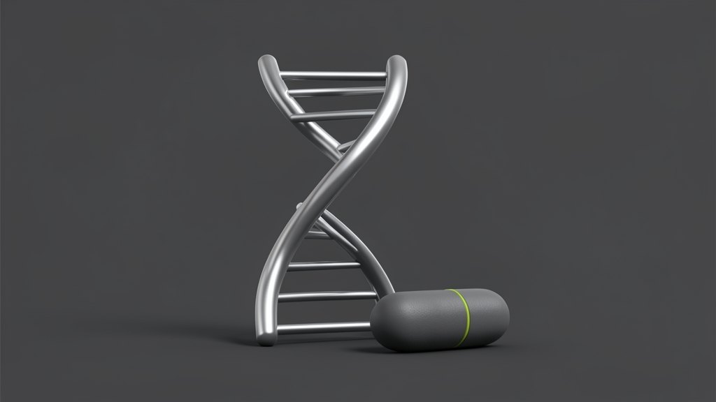 A solid DNA double helix standing beside two large solid capsule pills