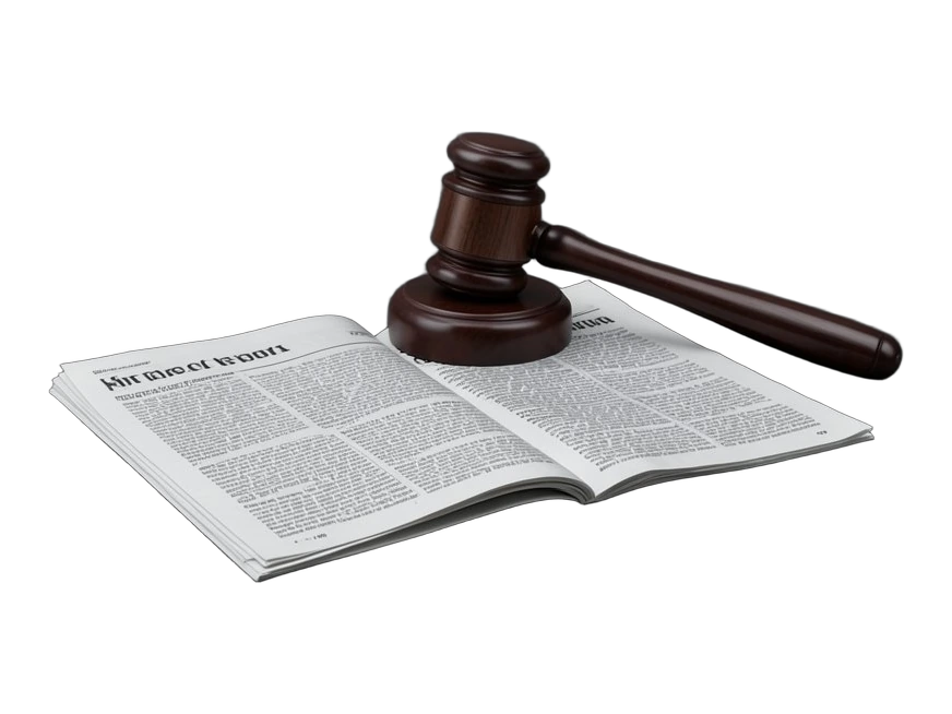 Two folded blank newspapers lying flat beside a wooden gavel, the gavel pressed down just behind them.