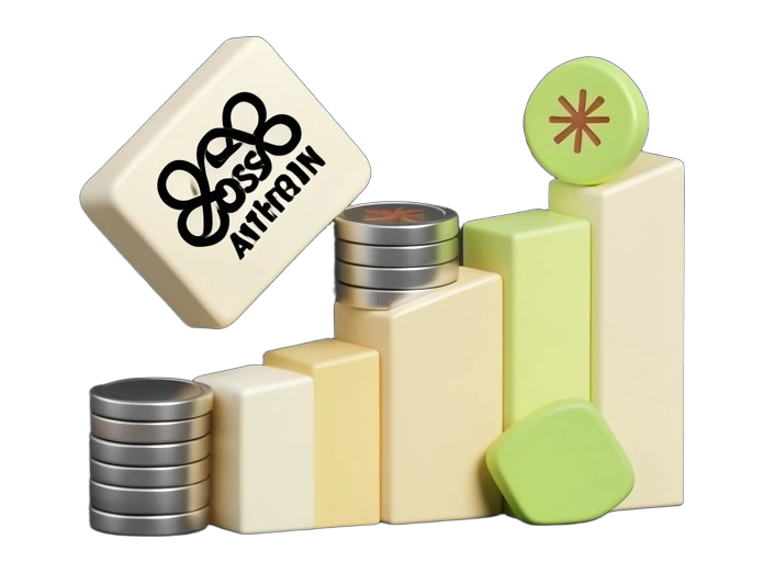 Two solid lobbyist badge tiles, one stamped with OpenAI's black interwoven Blossom and one with Anthropic's terracotta many-rayed asterisk, push separate coin stacks toward a risin