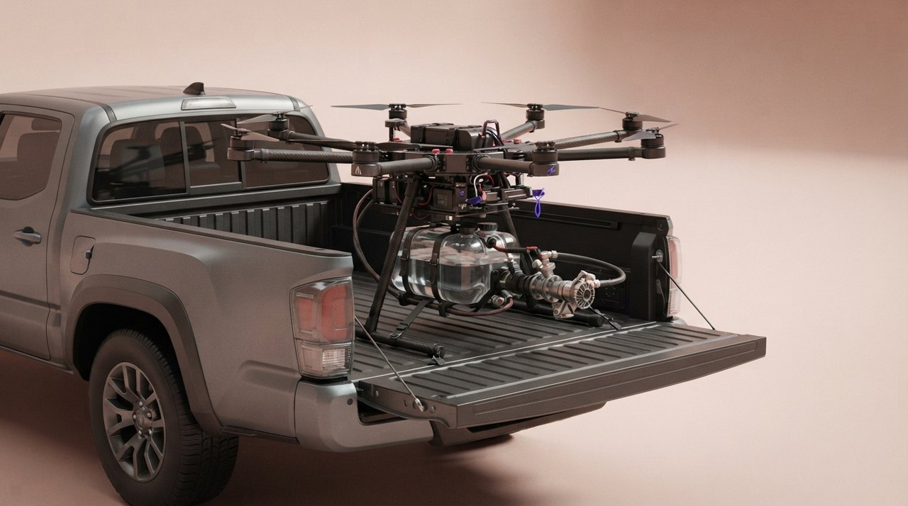 En åben pickup-bag med en drone, der har en vandtank og en brandhæmmende dyse monteret foran.