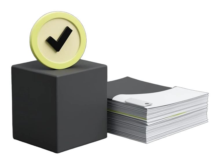 A thick circular certification medallion with a bold check mark presses down onto the top of a solid cube that stands for an AI agent; beside the cube lies a thick stack of test sh