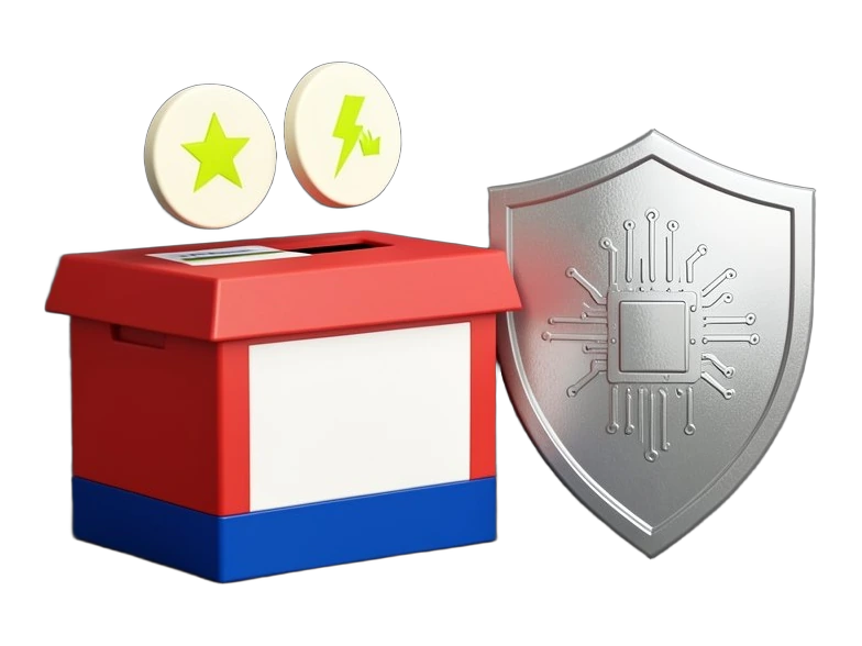 A sturdy red, white, and blue ballot box with three large circular tokens hovering above its slot, each bearing a simple star, lightning bolt, or crown symbol; beside it stands a s