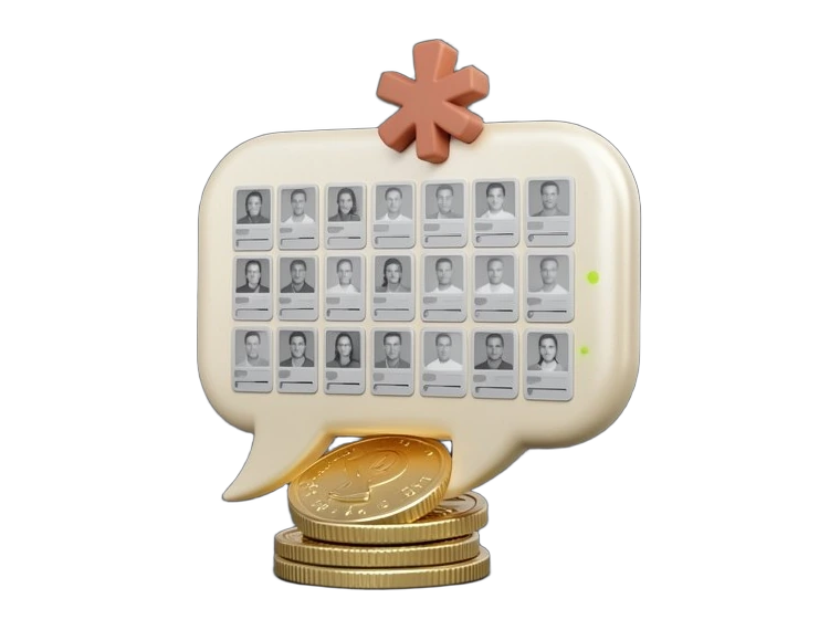 Claude's terracotta many-rayed asterisk caps a large solid chat bubble that feeds a tight grid of identical profile cards, each holding a plain grey photo rectangle and two short t