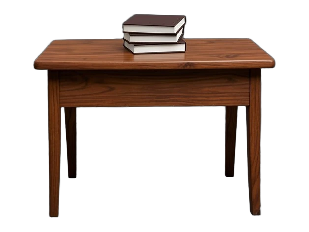 A sturdy wooden school desk with a small neat stack of blank closed books on top