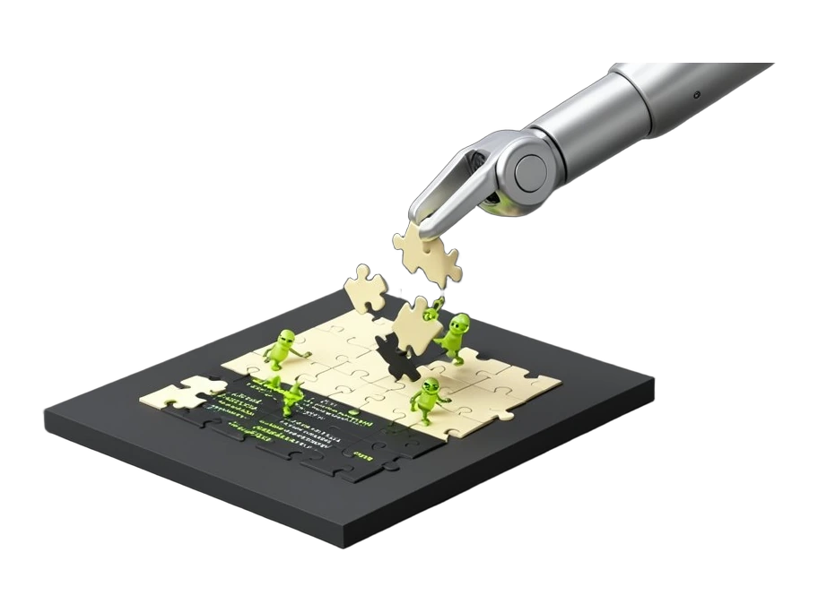 A jigsaw puzzle half-assembled on a solid plate, with the loose remaining pieces lifting away from the puzzle into a robotic claw arm, while one finished corner section stays intac